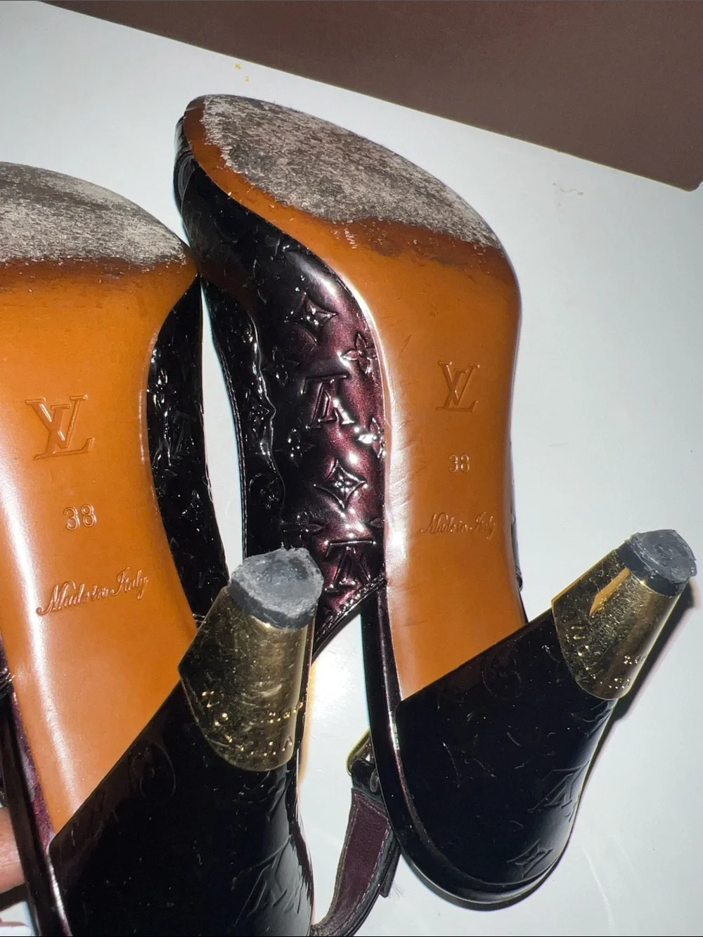 Louis Vuitton Vernis Monogram Slingback Heels with Gold Buckle